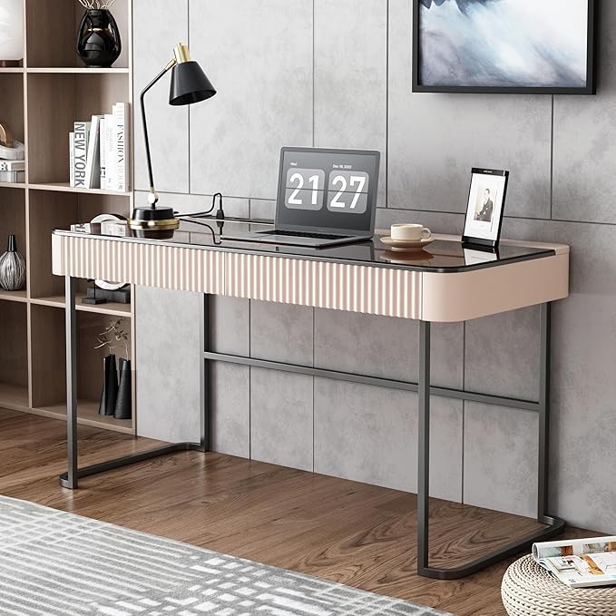 Lartis Office Desk with Drawers for Home Working Studying Computer Desk with Built-in Outlet Writing Desk Dressing Table Vanity Table no Mirror Intelligent Socket with USB Port