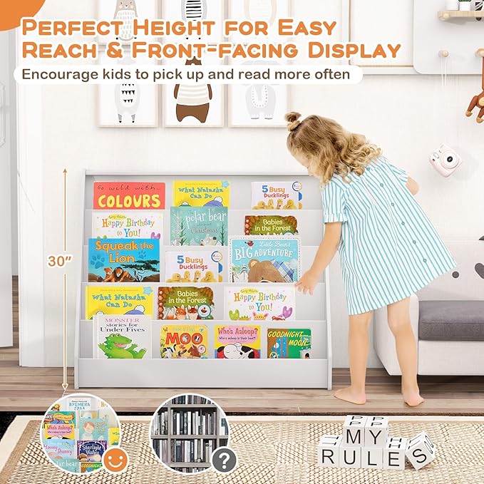 KOTEK 5-Tier Kids Bookshelf, Wooden Floor Display Shelf for Books and Magazines, Toddler Bookcase, Montessori Book Shelf for Kids Room, Daycare, Preschool, Classroom (White)