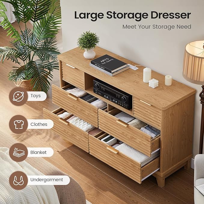 AOGLLATI Black Dresser for Bedroom with Slanted Louvre Design,Retro Chest of Drawers with Charging Station, Wooden Wide Led 6 Drawer Dresser for Bedroom,Living Room, Hallway, Wood