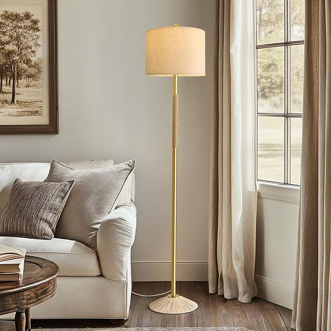 Oneach 63” Modern Floor Lamp for Living Room, Gold Boho Standing Lamp with Unique Rope Design, Rotary Switch, Farmhouse Tall Lamps for Bedroom Office Dining Room (Without Bulb)