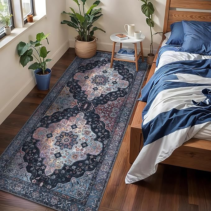Tangsoo 2x6 Washable Runner Rug for Hallways, Non Slip Vintage Runner, Soft Low Pile Long Rug Runner, Print Distressed Navy/Mlulti Carpet Runners for Kitchen Bedroom Entryway Bathroom Living Room