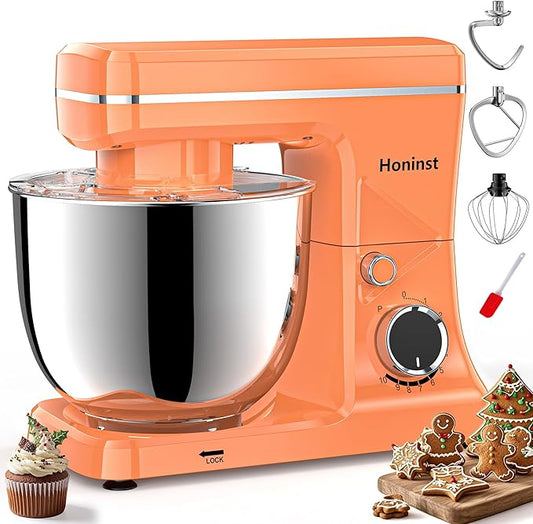 10-Speed Stand Mixer with 8-in-1 Splash Guard, Tilt-Head, 6QT Stainless Steel Bowl+Dishwasher-Safe Dough Hook/Whisk/Beater/Spatula for Baking Bread, Cakes, Cookies, Orange