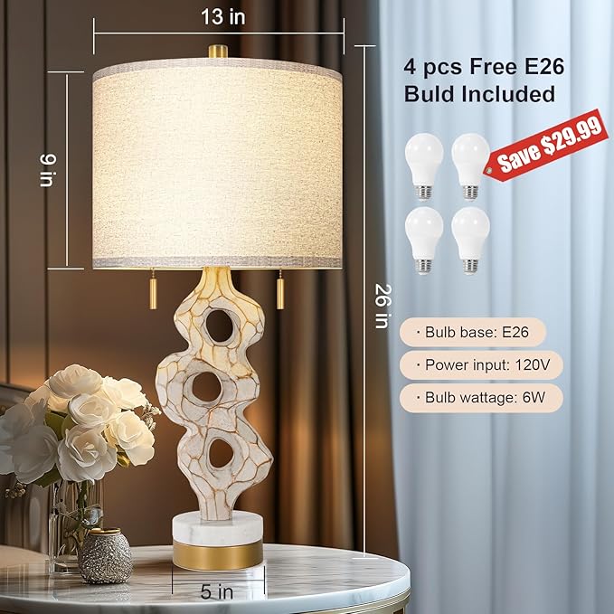 Scenekoy Sculptural Table Lamp Set of 2 for Bedroom, 26” Farmhouse Bedside Lamps for Living Room, Rustic Linen Shade Night Stand Lamp Marble Base with USB Ports for Home Decor (E26 Bulbs Included)