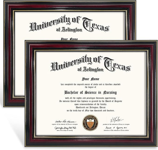 GraduationMall 8.5x11 Certificate Diploma Frame,Solid Wood & UV Protection Acrylic,Glossy Cherry Finish with Gold Trim,2 Pack