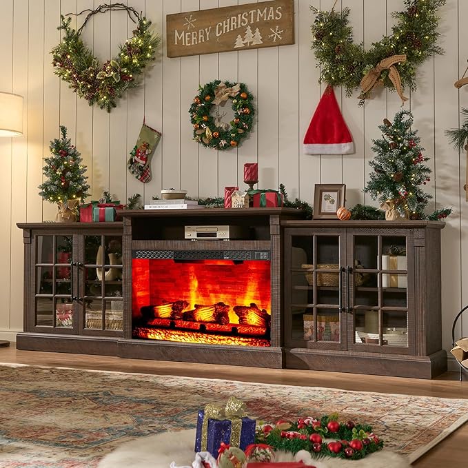 AMERLIFE 97" Farmhouse Fireplace TV Stand, Entertainment Center with Large Storage Space and Adjustable Shelf, Media Console for Living Room, Rustic Brown