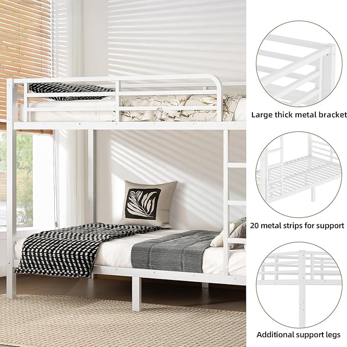 Twin XL Over Twin XL Bunk Bed Frame, Heavy Duty Metal Loft Bed for Adults/Teens, 250/400LB Capacity w/Ladder & Guardrail, Noise-Free Steel Slats, No Box Spring Required, White