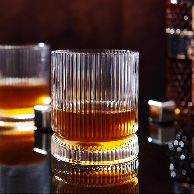 Crystal Old Fashioned Whiskey Glasses Set of 6, 12 Oz Ribbed Bourbon Glass, Ultra-Clarity Double Base Liquor Vodka rocks Cocktail Scotch Tumbler Bar Glasses Set