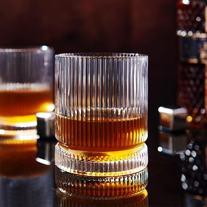 Ribbed Whiskey Glasses Set of 8, 12 Oz Lead-Free Crystal Heavy Base Barware Glass, Perfect for Bourbon Rocks Cocktail Scotch Drinking