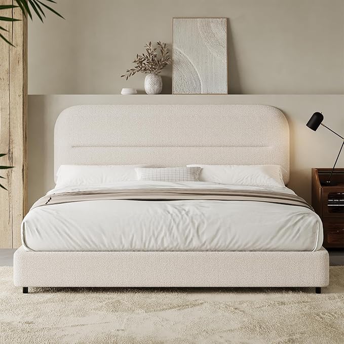 HOMBCK Full Size Boucle Bed Frame, Upholstered Bed Frame Full with Headboard, Soft BedFrame with Thickened Footboard, Soft Rounded Corners, No Box Spring Required, Easy Assembly, Cream