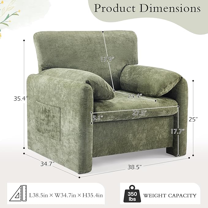 39" Modern Chenille Oversized Armchair,Wide Accent Chair, Mid Century Single Sofa Chairs, Comfy Upholstered Reading Chair for Living Room, Bedroom, and Apartment (Green)