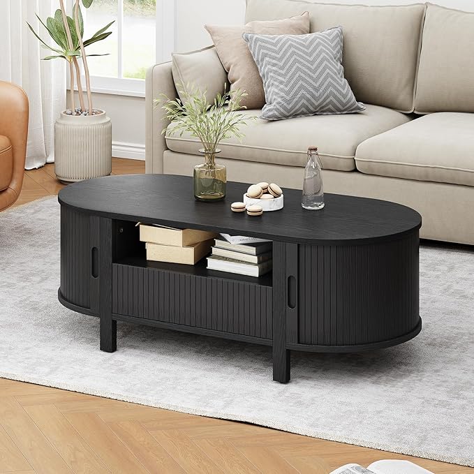 47.2 Inch Oval Coffee Table with Storage, Mid Century Modern Coffee Table with Drawer, Center Table with Sliding Door and Wood Fluted Handle for Living Room, Black