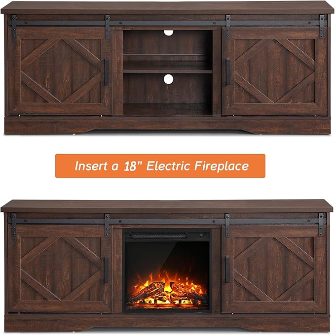 WAMPAT Modern Farmhouse TV Stand for TVs up to 75 inch with Sliding Barn Door,Wood Entertainment Center with Adjustable Media Storage Shelf for Living Room, Rustic Brown