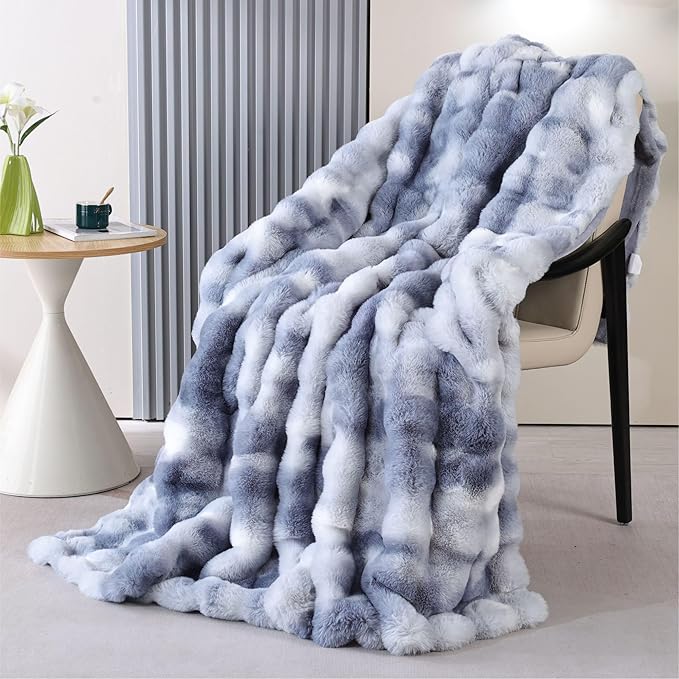 Faux Fur Soft Fluffy Tie-dye Blue Throw Blanket for Living Room Bedroom Couch 60X80 Fuzzy Bubble Thick Throw Blanket Decorative Blanket Home Decor 860 GSM