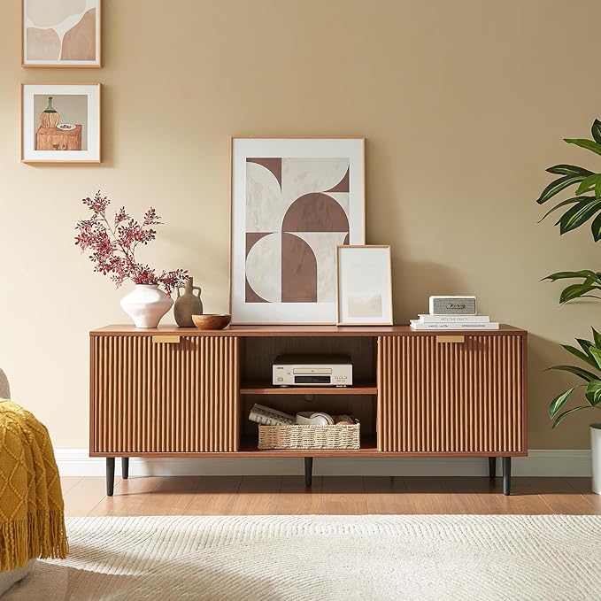 Okvnbjk Modern TV Stand, Fluted TV Consoles for Living Room 65+ Inch TV, Entertainment Stand with Storage & Sliding Doors, Media Console with Adjustable Shelf, Mocha