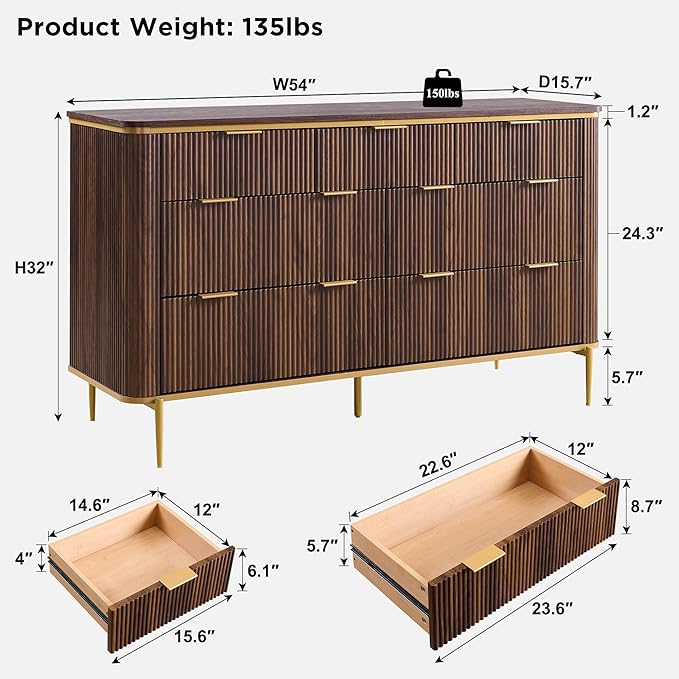 T4TREAM 7-Drawer Dresser Fluted Design, with Gold Accents (Dark Walnut)