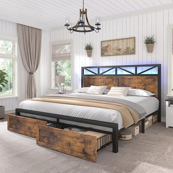 EnHomee Queen Bed Frame with 2 Storage Drawers, Built in Charging Station & LED Light,NO Noise,No Box Spring Needed,Rustic Brown