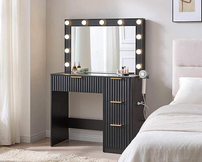 AMERLIFE 36.2" Fluted Vanity Desk with Large Mirror and Adjustable LED Lights, 4 Drawers Makeup Table with Glass Top and Charging Station for Women and Girls, Bedroom or Dorm, Black