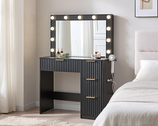 AMERLIFE 36.2" Fluted Vanity Desk with Large Mirror and Adjustable LED Lights, 4 Drawers Makeup Table with Glass Top and Charging Station for Women and Girls, Bedroom or Dorm, Black