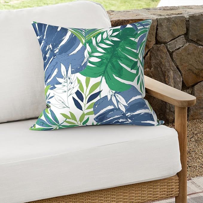 Outdoor Throw Pillows 16x16 Inch, Water Repellent Patio Pillows with Inners Set of 2, Outdoor Pillows for Patio Furniture Home Garden, Islamorada Blue Green