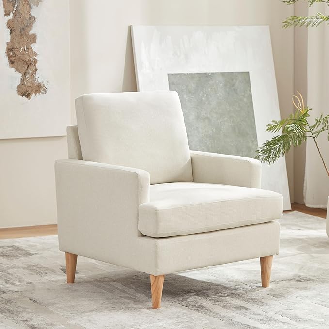VKNOW Mid-Century Accent Chairs Set of 2, Modern Upholstered Chenille Armchair for Living Room,Comfy Reading Accent Chairs with Wood Legs for Bedroom, Beige Polyester
