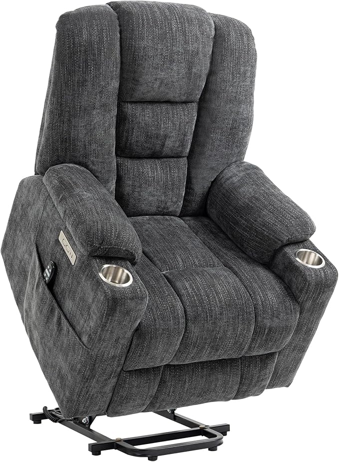 Power Lift Chair with Massage & Heat, Electric Recliner Chairs for Adults, Remote Control, Living Room Sofa, Standing Assistance, USB Ports, Stainless Steel Cup Holders, Chenill, Grey