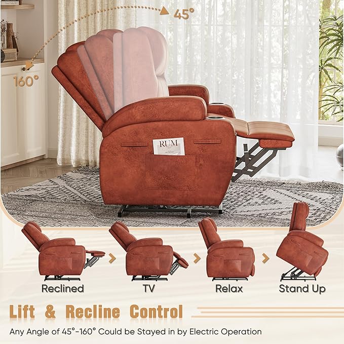 Power Lift Recliner Chair with Massage Electric Lift Chair for Elderly, Ergonomic Recliner with Cup Holders & Side Pockets, Modern Single Sofa for Living Room (Leathaire, Red Brown)