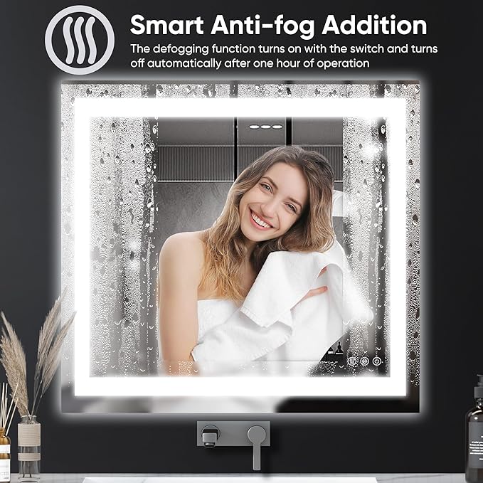 Antok 36"x 36" LED Bathroom Mirror with Lights, Anti-Fog, Dimmable, Lighted Vanity Mirror with Tempered Glass, Memory Function, 3 Light Modes, Safe Use, Horizontal, Vertical