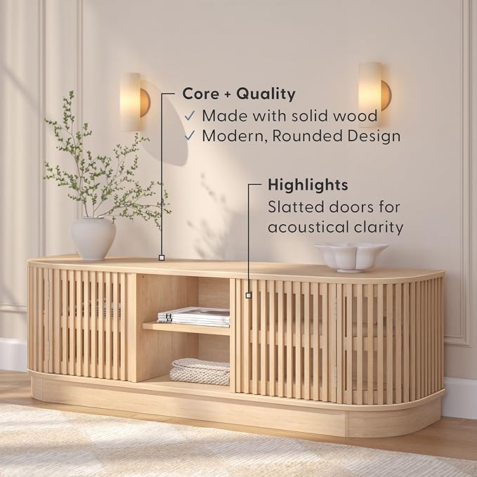 Plank+Beam Contour Wood TV Stand, Solid Wood Entertainment Console with Storage, 59" L x 16" W x 19" H, Blonde