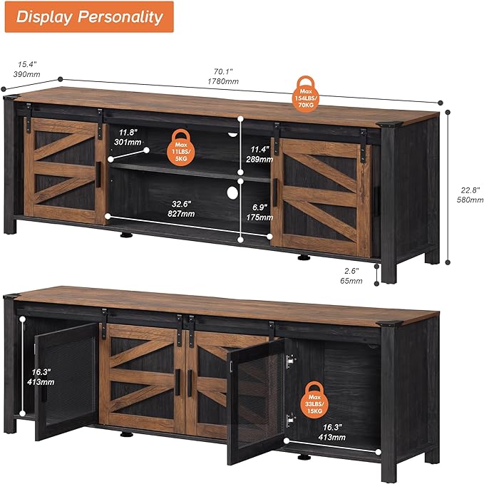 WAMPAT Farmhouse TV Stand for ups to 75 inch TV,Sliding Barn Door Entertainment Center Media TV Console Table with Storage Shelf for Living Room Bedroom，Dark Walnut and Black