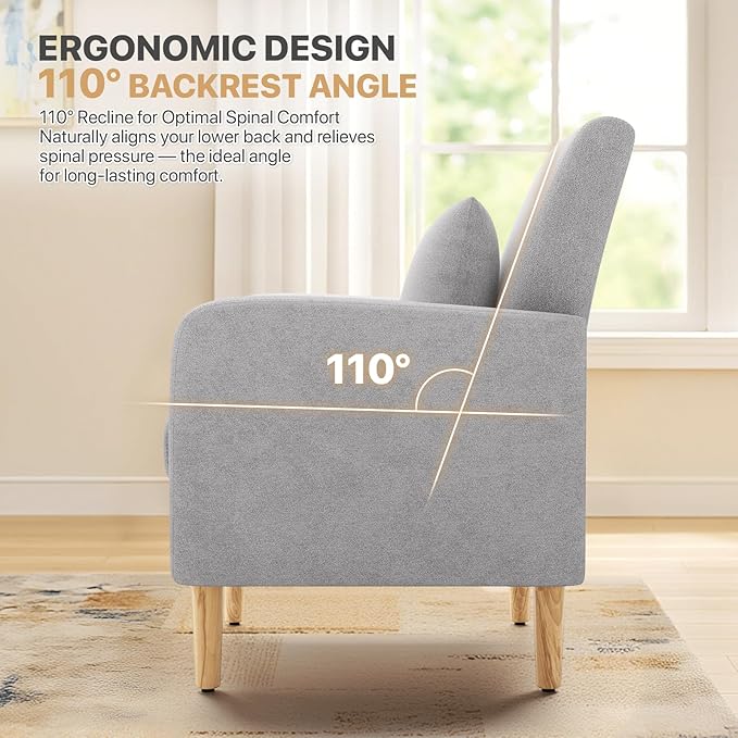 Magshion Mid-Century Accent Chair for Living Room, Comfy Reading Chair for Bedroom, Upholstered Linen Fabric Armchair Single Sofa with Back Pillow & Wood Legs, 300 lbs Capacity, Gray