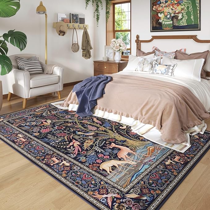 8x10 Area Rugs Vibrant Tree of Life-Patterned Vintage Washable Area Rug Non Slip Low Pile Large Rug for Bedroom Farmhouse Dining Room Kids Playroom, Blue