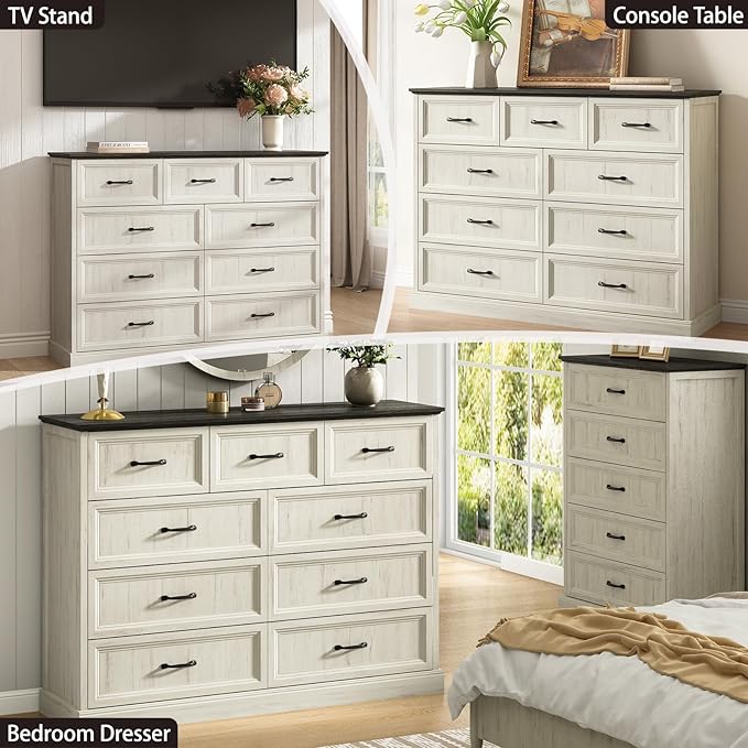 Farmhouse 9 Drawer Dresser for Bedroom, 55 Inch Wide Modern White Dresser TV Stand with Large Drawers & Bar Handles, Rustic Wood Chest of Drawers for Bedroom, Living Room, Hallway, Entryway.