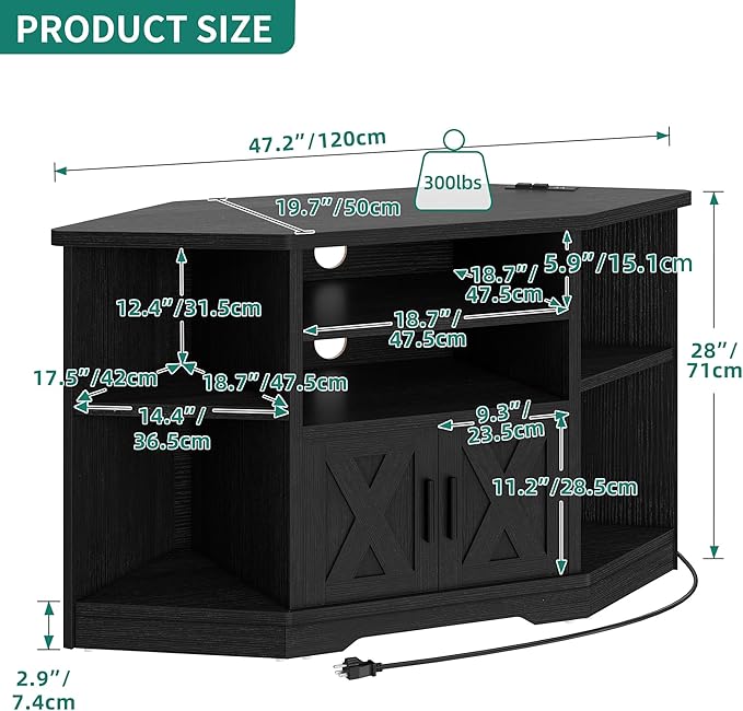 YITAHOME Corner TV Stands for Living Room, Black Entertainment Center with Storage, Farmhouse TV Stand for 55 inch TV w/Power Outlets, TV Console Media Cabinet, Black