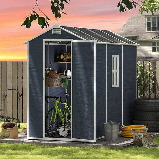 8x4 FT Outdoor Storage Resin Shed with Floor, Plastic Garden Tool Shed with Sloped Roof, Lockable Door & Windows, Easy to Assemble Bike Shed for Lawn, Backyard, Patio, Black
