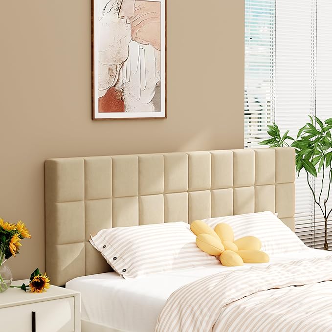 Andeworld Velvet Upholstered Tufted King Size Headboard,Wood Head Board with Metal Legs, Adjustable Height from 42” to 56”, Bed Headboard in Modern Design,Backboard for Bed, Apricot