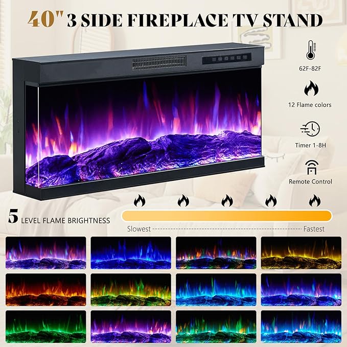 AMERLIFE 75in 3-Sided Glass Fireplace TV Stand with LED Lights for TVs up to 85", Rustic Fireplace Media Entertainment Center Console Cabinet Table with Glass Door Closed Storage, Wash Gray