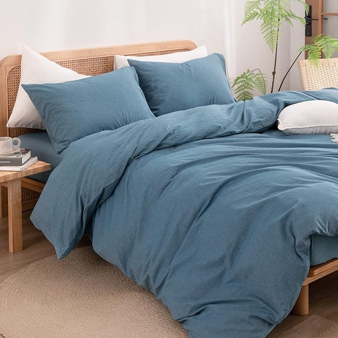 BESTOUCH Duvet Cover Set 100% Washed Cotton Linen Feel Super Soft Comfortable Chic Lightweight 2 PCs Home Bedding Set Solid Dark Blue Twin/Twin XL