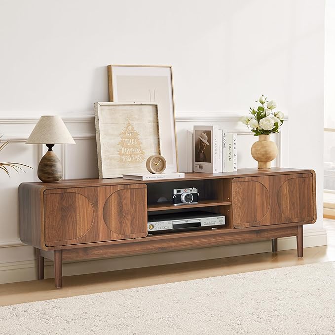 Mid-Century Wood TV Stand Cabinet for Television 55/60/65 Inch, 59" Long TV Console with Adjustable Storage Shelf and Arch Sliding Door, Media Center Cabinet for Living Room, Bedroom (Wanlnut)