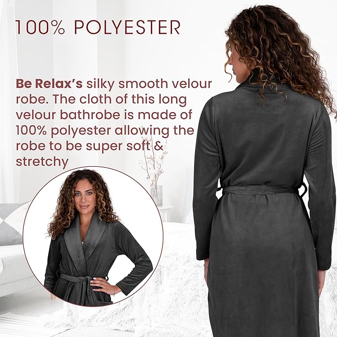Be Relax Terry Velour Robe - Made of Polyester, Shawl Collar Robe with Belt & Side Pockets, Soft & Warm Bathrobe for Women