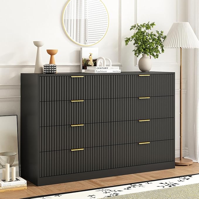 8 Drawer Dresser for Bedroom, Modern Fluted Double Dresser, 55" Wide Chest of Dressers, Wooden Beside Table for Closet, Living Room and Entryway, Black