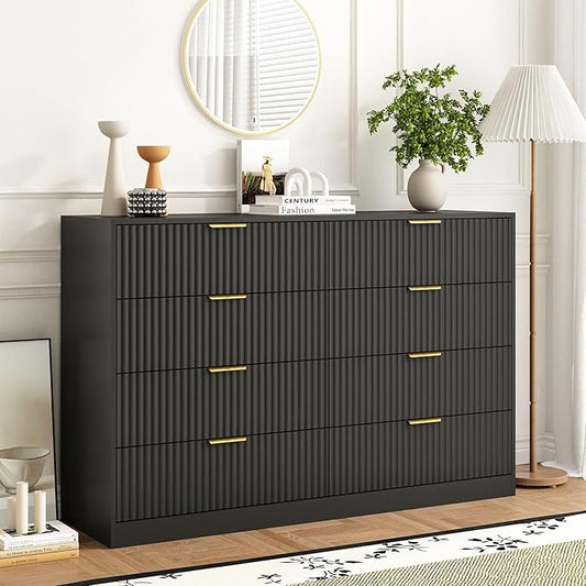 8 Drawer Dresser for Bedroom, Modern Fluted Double Dresser, 55" Wide Chest of Dressers, Wooden Beside Table for Closet, Living Room and Entryway, Black