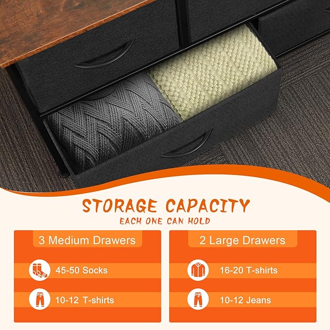 Dresser for Bedroom with 5 Drawers, Chest of Drawers, Storage Drawers Organizer Unit, Black Wide Fabric Dresser with Fabric Bins for Closet, Living Room, Bedroom (Black and Rustic Brown)