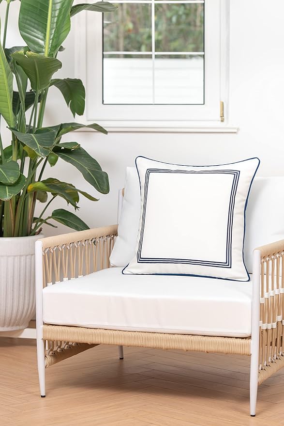 Hofdeco Premium Coastal Hampton Style Patio Indoor Outdoor Pillow Cover Only, 20"x20" Water Resistant for Backyard, Couch, Navy Blue Embroidered Square Line