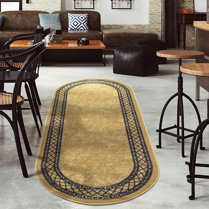 Antep Rugs Alfombras Modern Bordered 2x5 Non-Skid (Non-Slip) Low Profile Pile Rubber Backing Kitchen Area Rugs (Brown, 2' x 5' Oval)