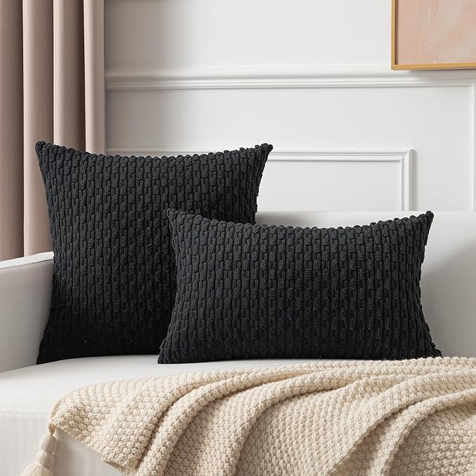 Kevin Textile Pack of 2 Corduroy Decorative Throw Pillow Covers 24x24 Inch Soft Boho Striped Pillow Covers Modern Farmhouse Home Decor for Spring Sofa Living Room Couch Bed Black