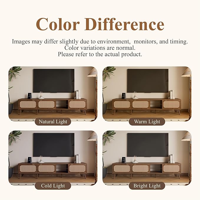 Marzzi Boho TV Stand for 85 Inch TV, 78" Entertainment Center with 3 Rattan Doors, Open Space with Glass Shelf, Walnut Media Console Cabinet for Living Room, Solid Wood Legs