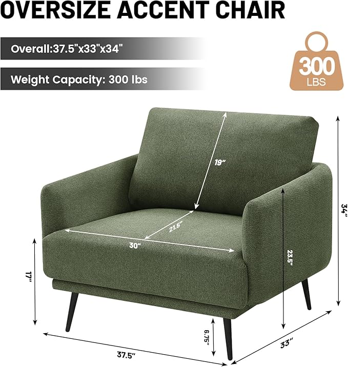 Oversized Accent Chair Set of 2 for Living Room Chairs Reading Arm Chair Comfy Modern Single Sofa Side Chairs with Metal Legs & Soft Cushion for Bedroom, Balcony,Waiting Room (Polyester, Moss Green)