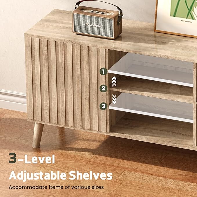 Mid-Century Modern TV-Stand - Fluted TV Stand for 80 75 65Inch TV, Entertainment Center with Storage, Media Console with Adjustable Shelves for Living Room, Oak