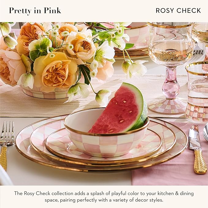 MACKENZIE-CHILDS Enamel Dinner Plate, Decorative Dinnerware Plate, 10 Inches, Set of 1, Pink-and-White Rosy Check