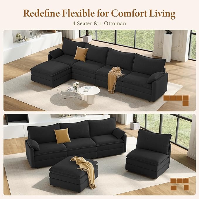 Vesgantti 142" Cloud Couch Sectional Modular Sofa, Comfy Sectional Couch with Ottoman Deep Seat Chenille L Shaped Sofa, Modular Couches for Living Room, Bedroom and Apartment, Black